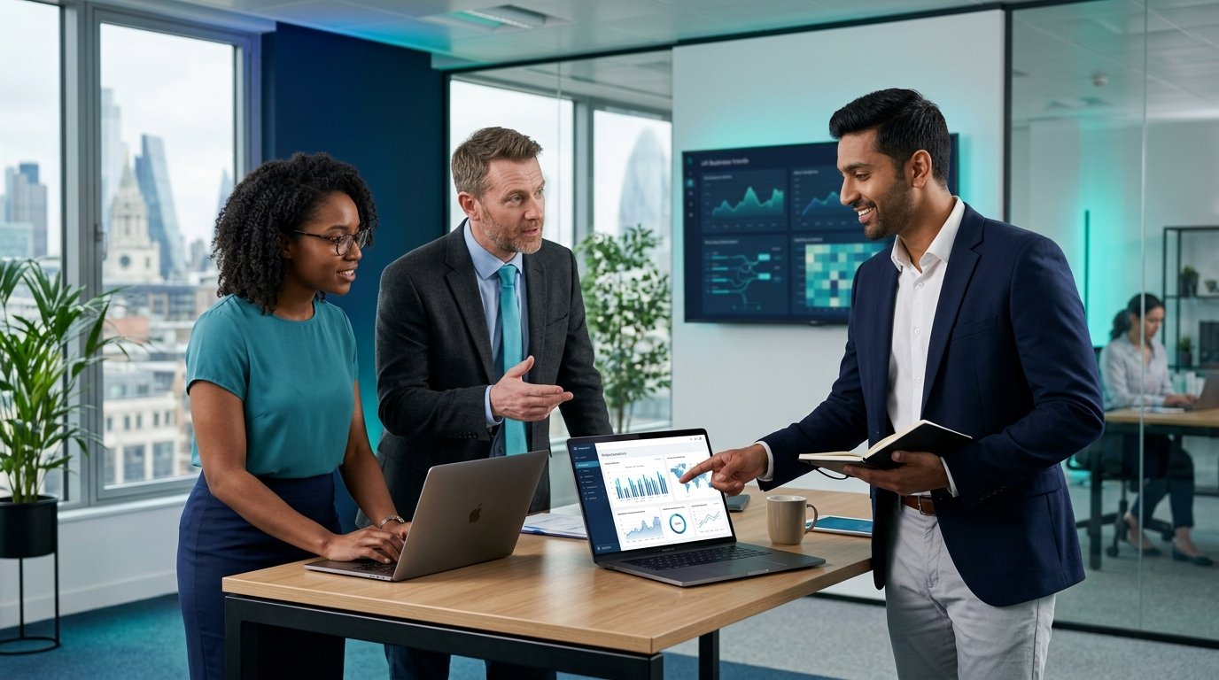 Business and technology professionals collaborating on data analytics and digital solutions in a modern office.
