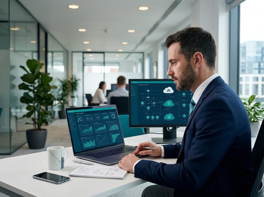 Technology consultant reviewing business intelligence dashboards and cloud data architecture on computer screens.