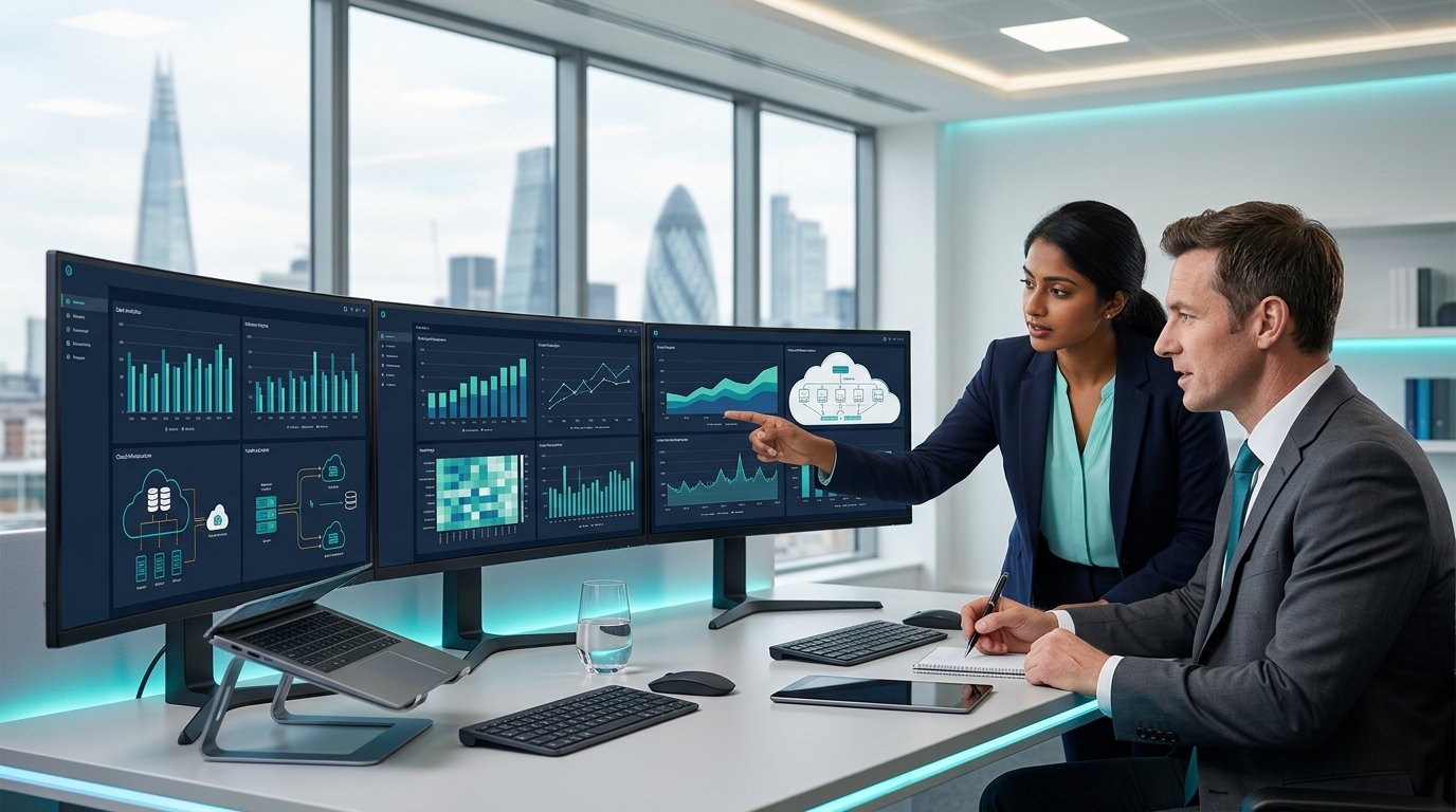 Two business professionals analysing data dashboards and cloud technology solutions in a modern office.