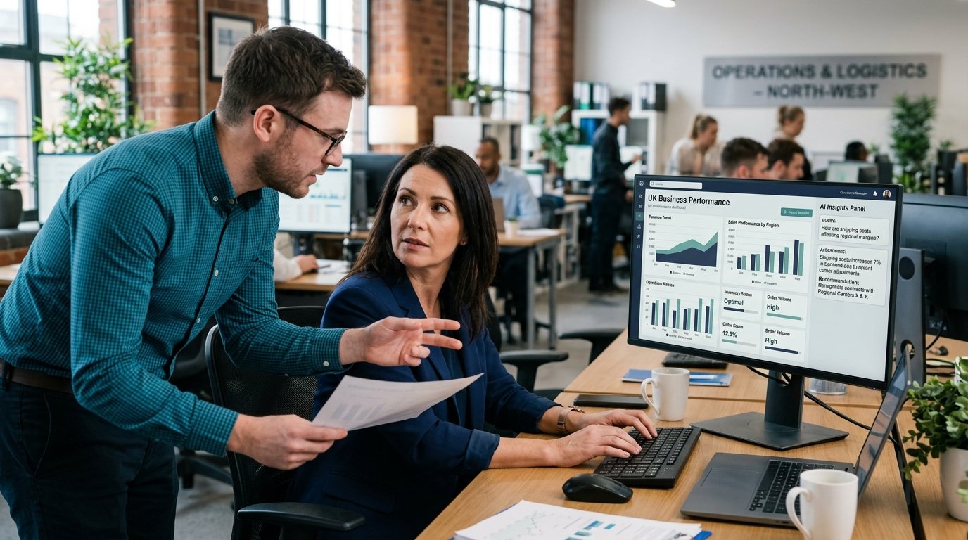 Operations manager and analyst checking an AI-generated business intelligence summary against sales dashboard figures.