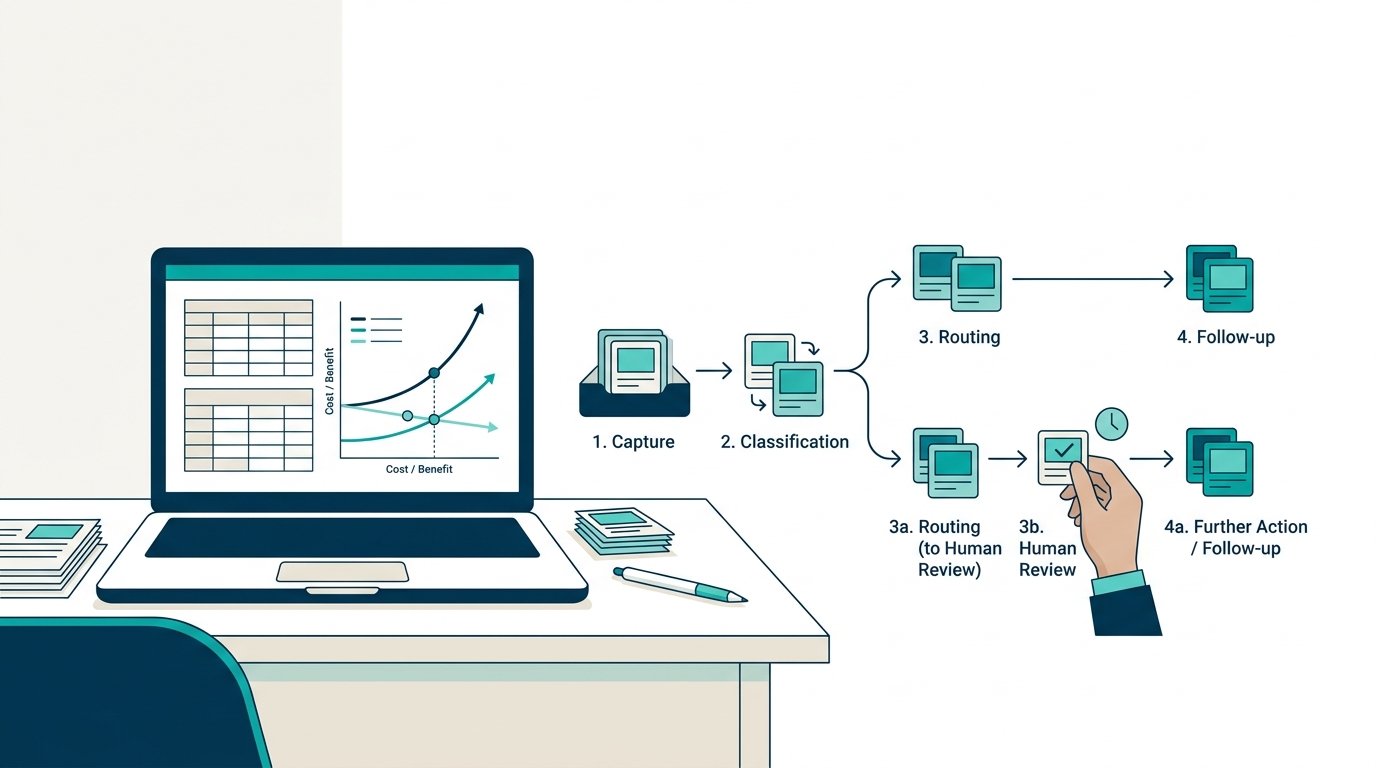 Illustration of an enquiry workflow beside a spreadsheet, with a person reviewing a routing decision.