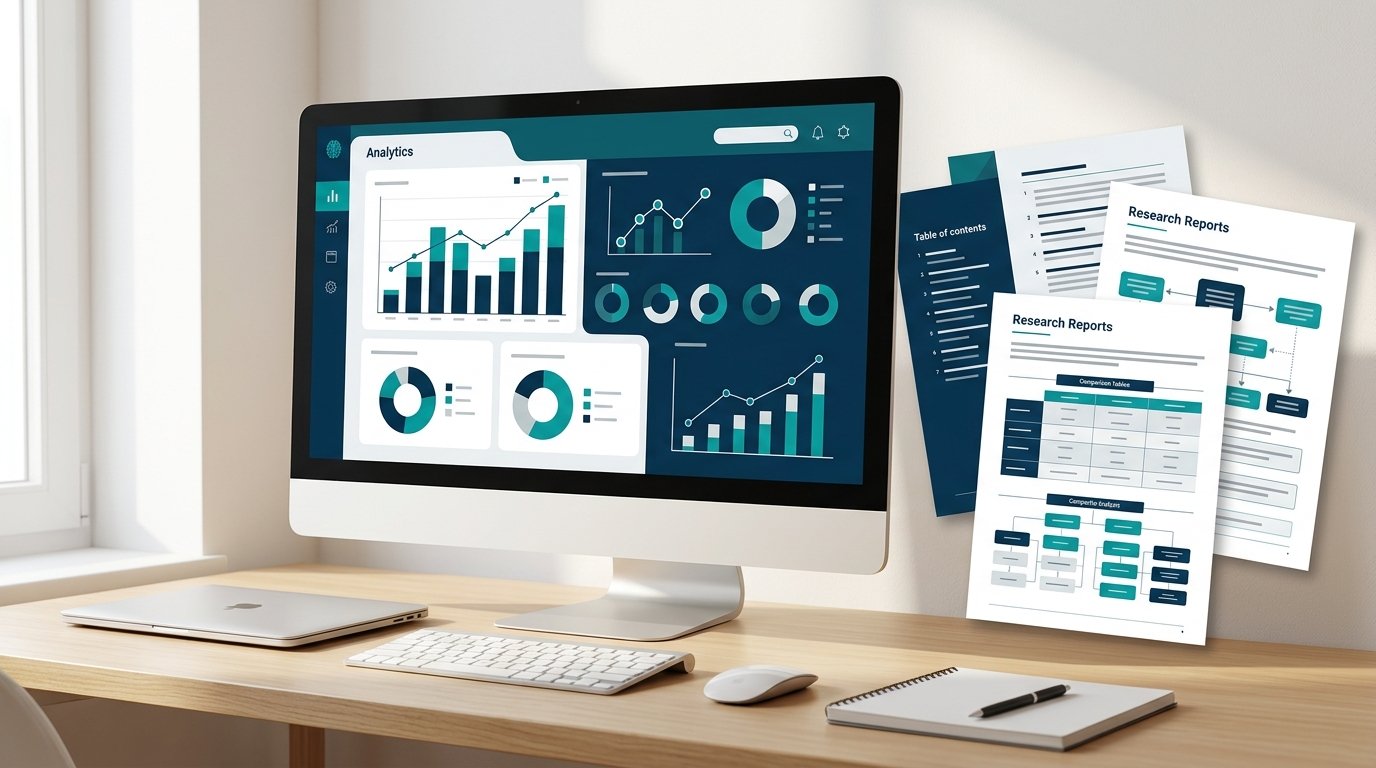 Research reports and an analytics dashboard illustrating analysis of UK business AI adoption.